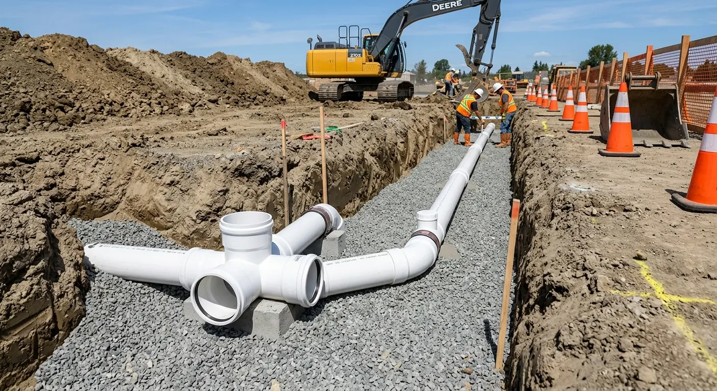 New PVC sewer pipe installation in open trench for Sewer Backup in James Island