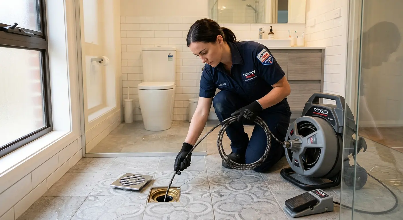 Technician clearing a bathroom floor drain for Drain Cleaning in James Island